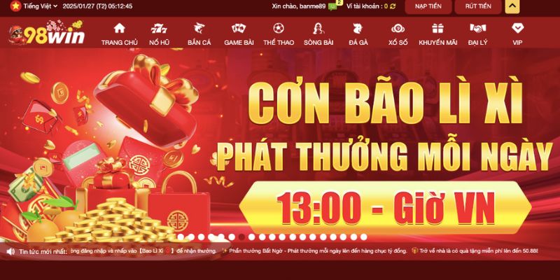 Vào trang hoạt động của 98WIN