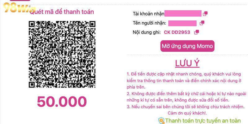 Chọn hình thức nạp tiền 98WIN